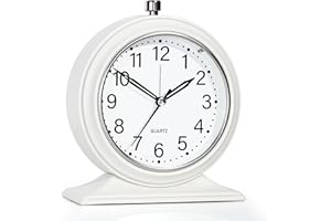 AYRELY® 4-inch Battery Operated Alarm Clock Silent Analog Desk Clocks with Light Vintage Metal Table Clock for Living Room Shelf Bedside Home Decor (White)
