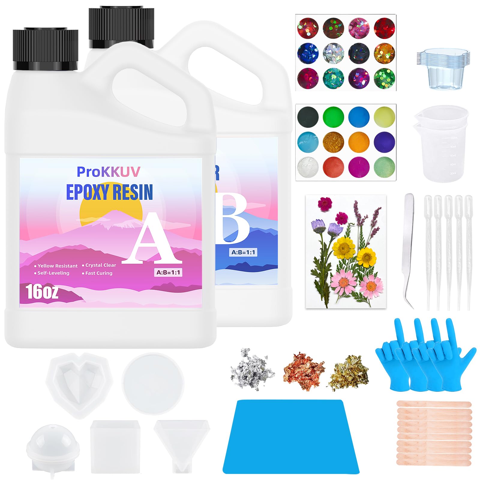 ProKKUV Epoxy Resin Kit, Crystal Clear Resin Epoxy, Bubble Free, No Yellowing, UV Resistant, Food Safe with Foil Flakes, Sequin, Easy Mix 1:1 for DIY Crafts Resin Jewelry Making (32 OZ Kits) Image