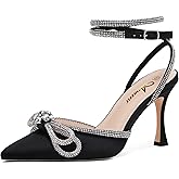 Athlefit Women's Rhinestone Bow Heels Ankle Strap Pointed Toe Stiletto Heeled Sandals Wedding Bridal Dress Pumps Shoes