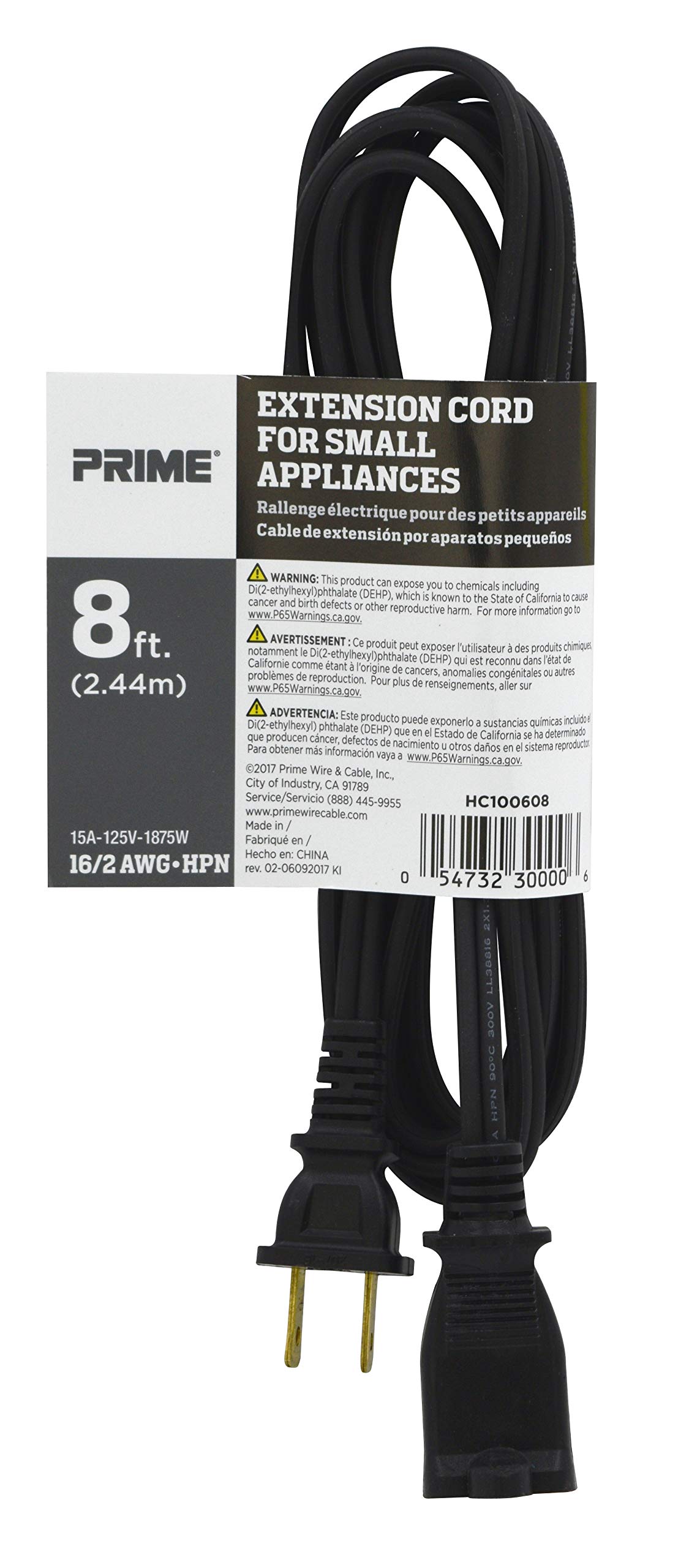 Prime HC100608 8Feet Iron Heater and Appliance Extension Cord, Black