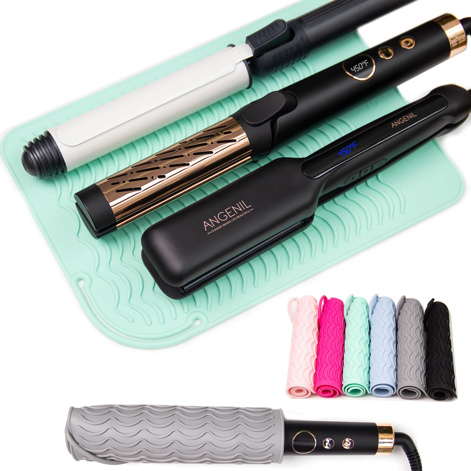 ANGENIL Hair Curler Large Heat Resistant Silicone Mat Pad, for Travel Titanium Rotating Curling Wand, Argan Oil Flat Iron Hair Straightener and Curlers in one, Hairdryer Heat Styling Mat for Women