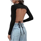 MakeMeChic Women's Lightweight Tie Open Back Sweater Crew Neck Long Sleeve Knit Crop Tops