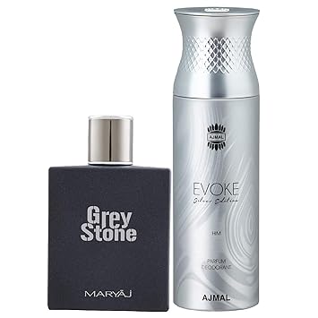 Maryaj Grey Stone Eau De Parfum Aromatic Woody Perfume 100ml for Me and Ajmal Evoke Silver Edition Him Deodorant Spicy Floral Fragrance 200ml for Men + 2 Parfum Testers FREE