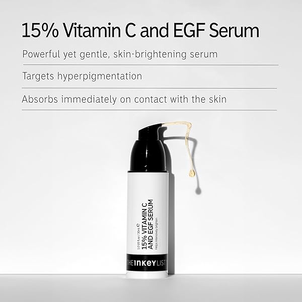 THE INKEY LIST 15% VITAMIN C + EGF SERUM. REGENERATE DULL SKIN, IMPROVE SKIN ELASTICITY, 1.0 FL OZ