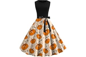 BAGELISE Women's Halloween Dress Short Sleeves Printed Vintage Style A-Line Party Dresses