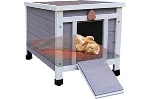 Hicaptain Cat House for Outdoor with Self-Warming Mat, Weatherproof Feral Cat House Outdoor, Warm Wooden Small Pet House and Habitats-Grey House with Mat
