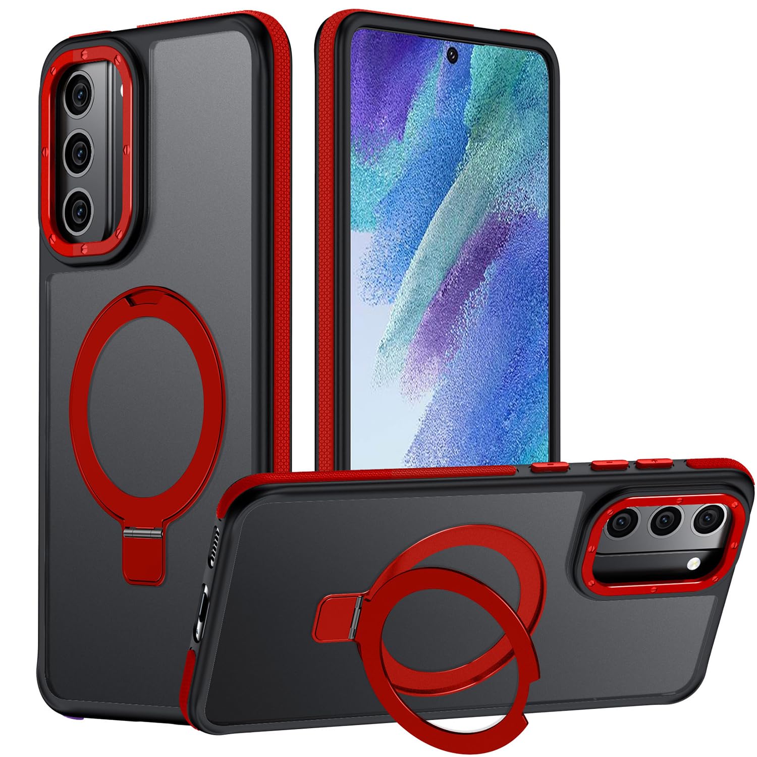 Mondelete for Samsung Galaxy S21 FE Case, Magnetic Adjustable Ring Stand [Fit for Magsafe], [Military-Grade Shockproof Protection] Phone Case with Kickstand&Ring Holder (Red)