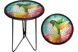 HONGLAND Outdoor Side Table, Small Mosaic Patio Table, 12" Round Metal Side Table End Table, Glass Plant Stand, Small Bistro Coffee Table Plant Stand for Garden Yard Porch Living Room（Hummingbird）