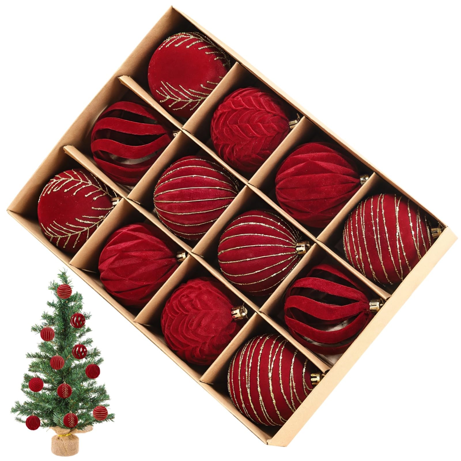 Photo 1 of 12 Pcs Velvet Christmas Balls, Flocked Christmas Tree Ornaments, Hollow Out & Sequin Design, Vintage Holiday Balls, Red Hanging Ornaments for Fireplace, Door, Wall Décor