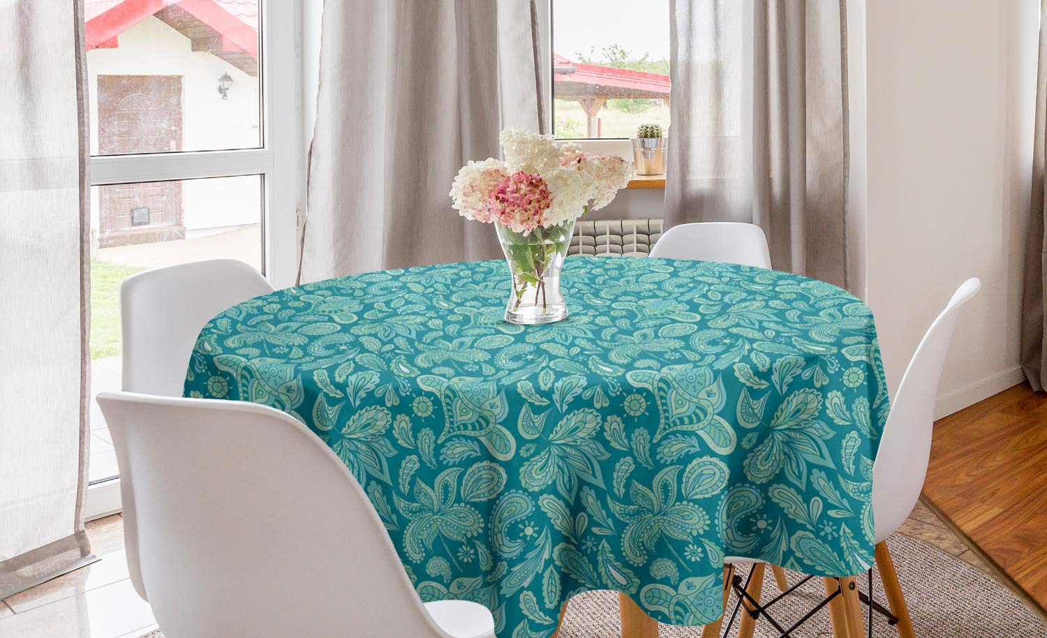 ABAKUHAUS Ethnic Round Tablecloth, Leaves Vintage Pastel Paisley Old Fashioned Historical Motifs in Blue Shades, Circle Table Cloth Cover for Dining Room Kitchen Decoration, 60", Turquoise Teal