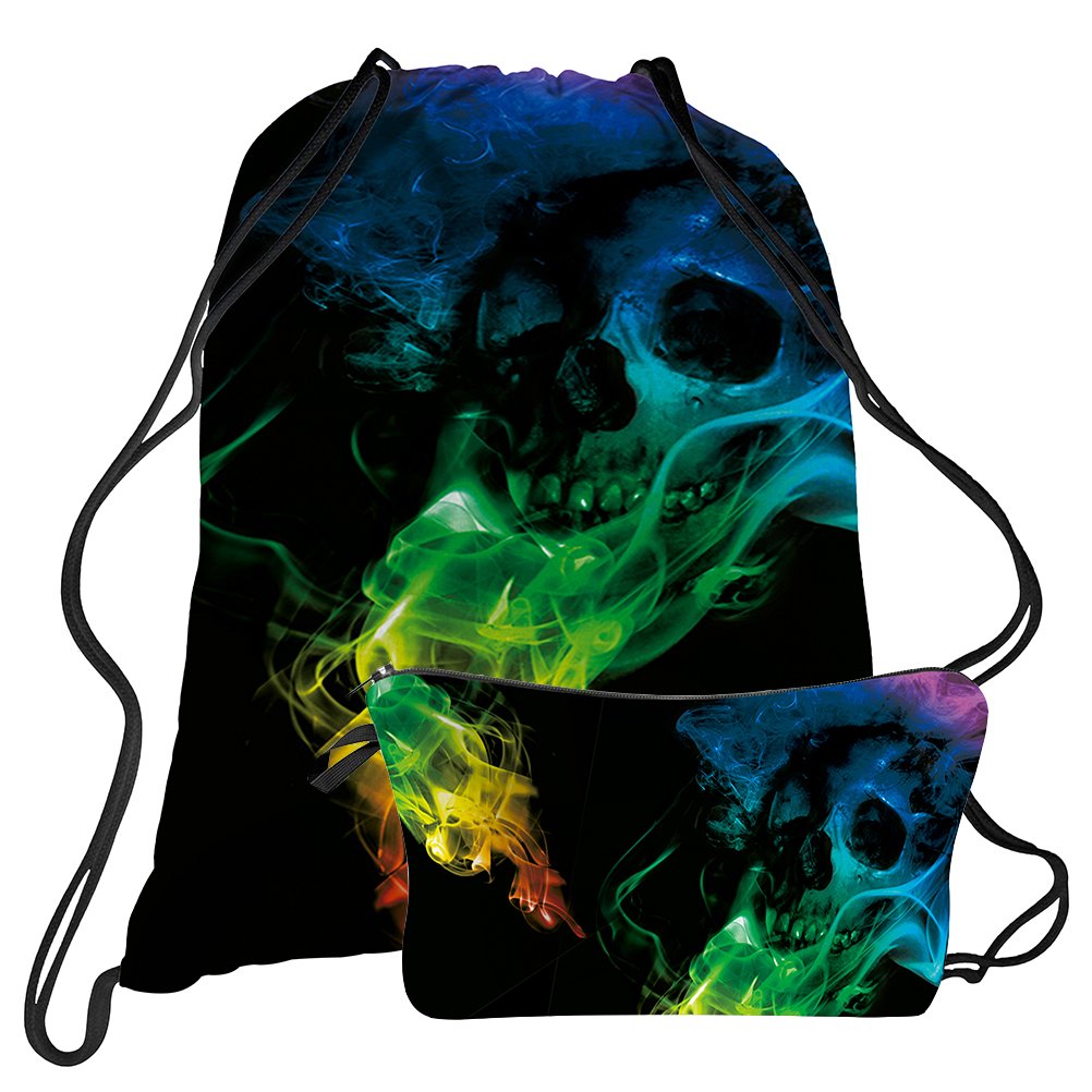 TUONROAD Portable Sport String Strap Backpack Soft Black Skull Colourful Purple Yellow Green Red Blue Smoke Drawstring Cinch Backpack Small Makeup Bag for Outdoor Sports Yoga Gym