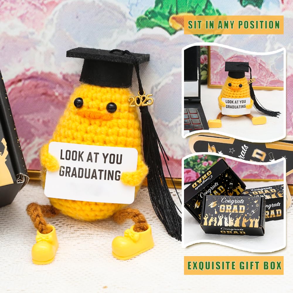 Ranvaira Funny Graduation Gifts Class of 2025, Positive Crochet Duck with Cap and Greeting Card, Handmade Emotional Support Plush College Graduation Gifts Set for Her Him