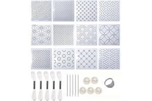 28Pcs 4.7 x 4.7 Inch Plastic Sashiko Stencil Kit with Thimble, Needles & Thread – Geometric Embroidery Template for Hand Quil