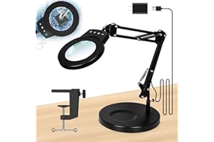 KUVRS 10X Magnifying Glass with Light and Stand, 5 Color Touch Sensitive Stepless Dimmer Magnifying Lamp with Clamp, Memory Function Hands Free Magnifier with Light for Craft Hobby Painting