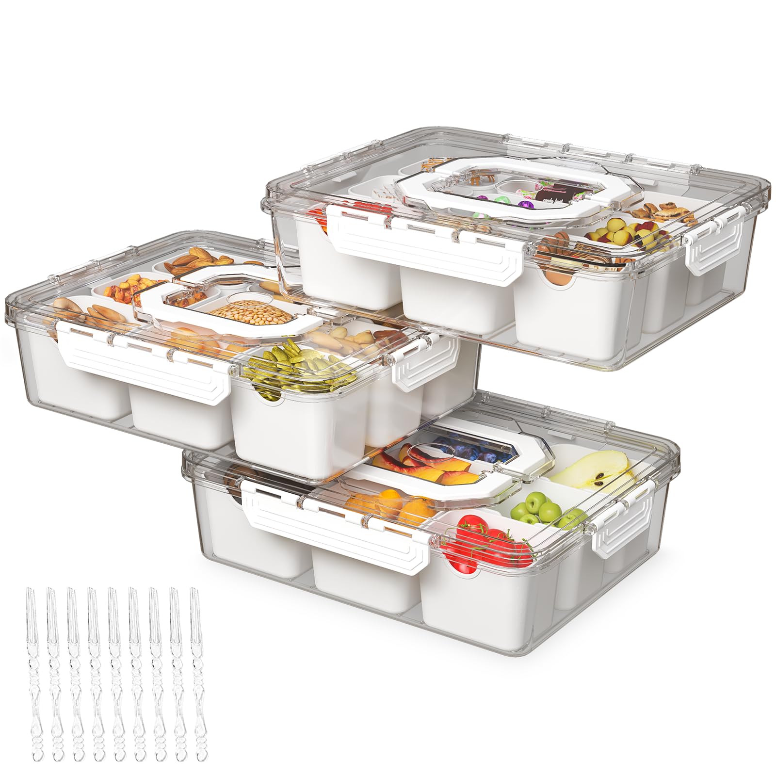 Photo 1 of REBECAT Divided Serving Tray with Lid and Handles 9 Compartments Snack Box Container Charcuterie Organizer Snackle Box Container for Candy,Nuts?Fruits,Snacks,3 Pack,White
