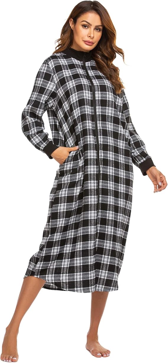 Ekouaer Zipper Robe Plaid Nightgown Christmas Housecoat with Pocket (Black Plaid, Small) Amazon