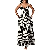 SweatyRocks Women's Vacation Beach Dress Spaghetti Strap V Neck Summer Boho Maxi Loose Long Dress with Pockets