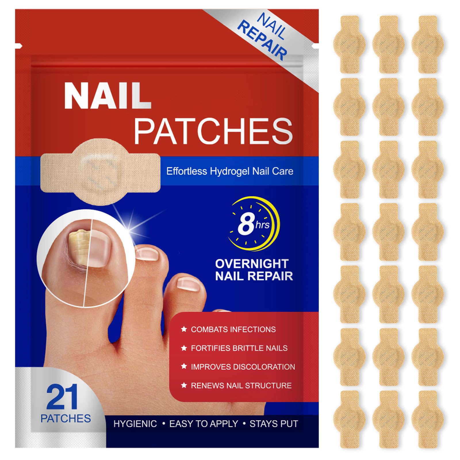 Photo 1 of Nail Patches 21 PCS Toenail Treatment Extra Strength 8-Hour Overnight Nail Fast Acting Repair Effortless Hydrogel Nail Care and Repair for Damaged Nails Overnight Renewal for Men and Women