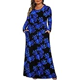 Tencede Womens Plus Size Maxi Dresses Long Sleeve with Pockets Casual Long Dress 1X-5X