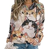 domirica Long Sleeve Shirt Women Fall Cat Print Funny Hide Belly Vacation Plus Size Ladies Hippie Dressy Sweaters