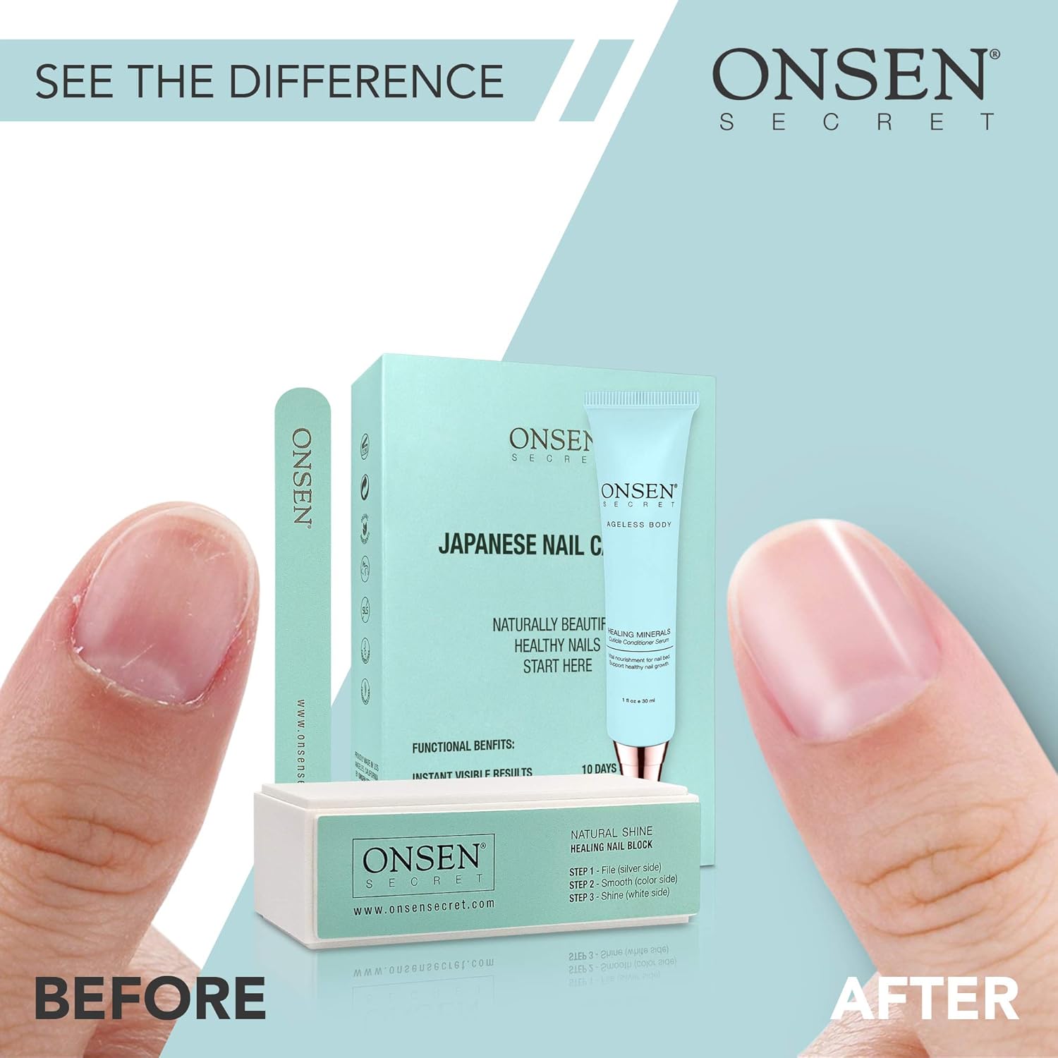 Onsen Japanese Nail Buffer and Shine Kit - Professional Nail File, 3-Way Nail Buffer Block with Free Replacement Pads and Nail Strengthening Cuticle Cream for Healthy Nails, Travel Size Nail Care Kit : Beauty