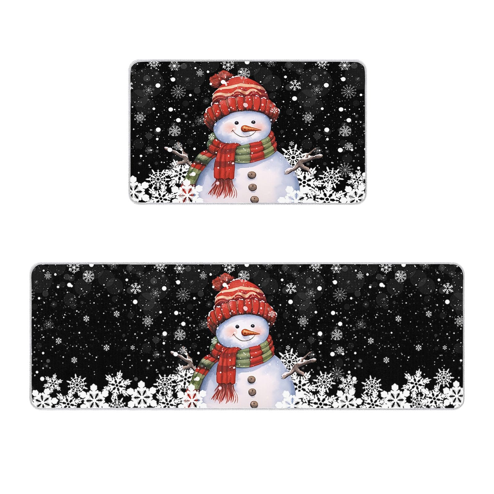 Photo 1 of 2 Piece Non-Slip Kitchen Mat Runner Rug Set Doormat Christmas Snowman with Cap Xmas Tree Snowflake Black Door Mats Rubber Backing Carpet Indoor Floor Mat (15.7" x 23.6"+15.7" x 47.2")
