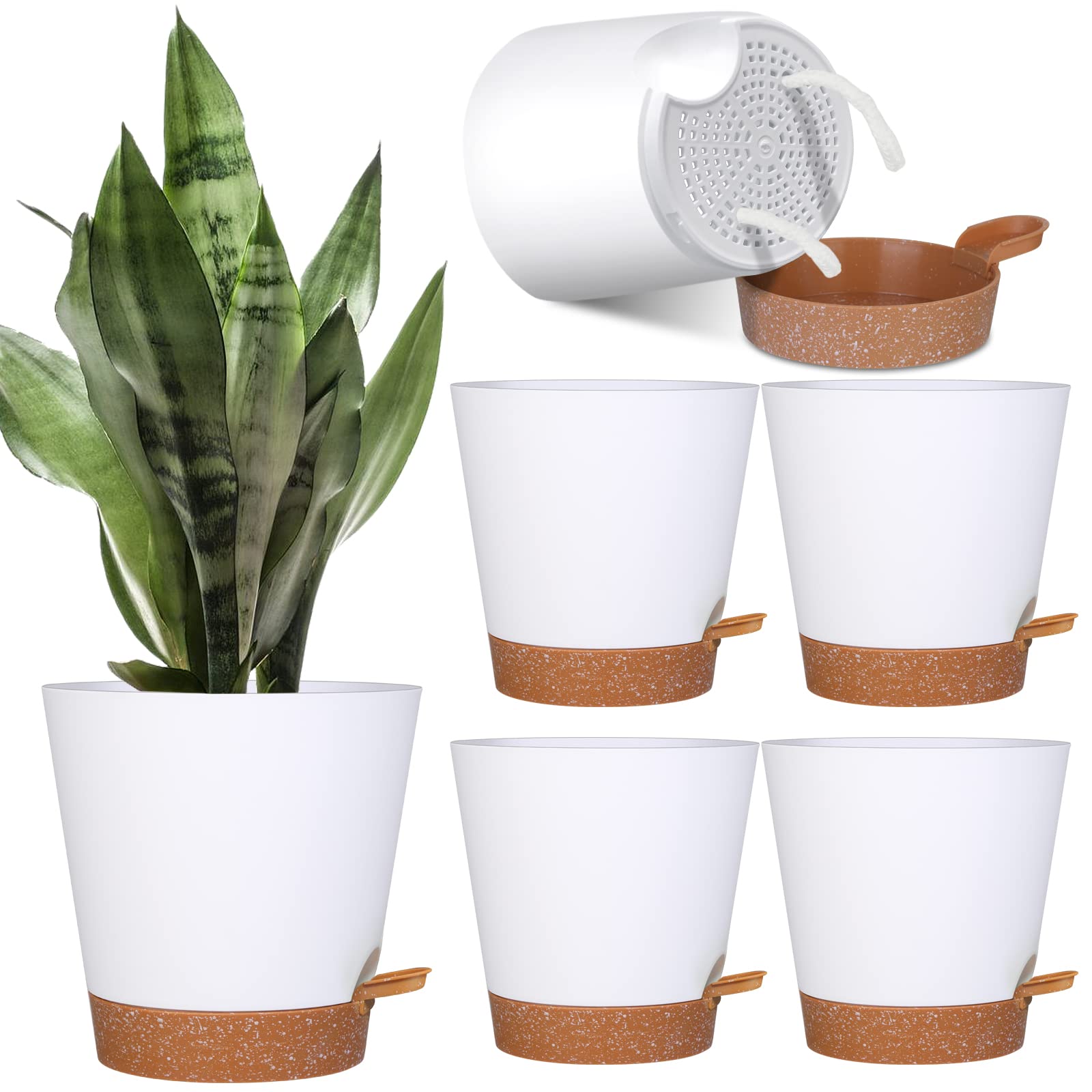 Photo 1 of 5 Pack Self Watering Plant Pots, 6 inch Plastic Plant Pots Set Bottom Watering Planters With Absorbent Rope & Saucer, Self Watering for Indoor Plants Minimalist Decor Outdoor Garden Flower. (White)