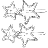 2Pcs Hollow Star Hair Clips, Non-Slip Metal Geometric Hairpin, Elegant Rhinestone Hair Barrettes for Women Lady Girls Styling Hair Accessories (Silver)