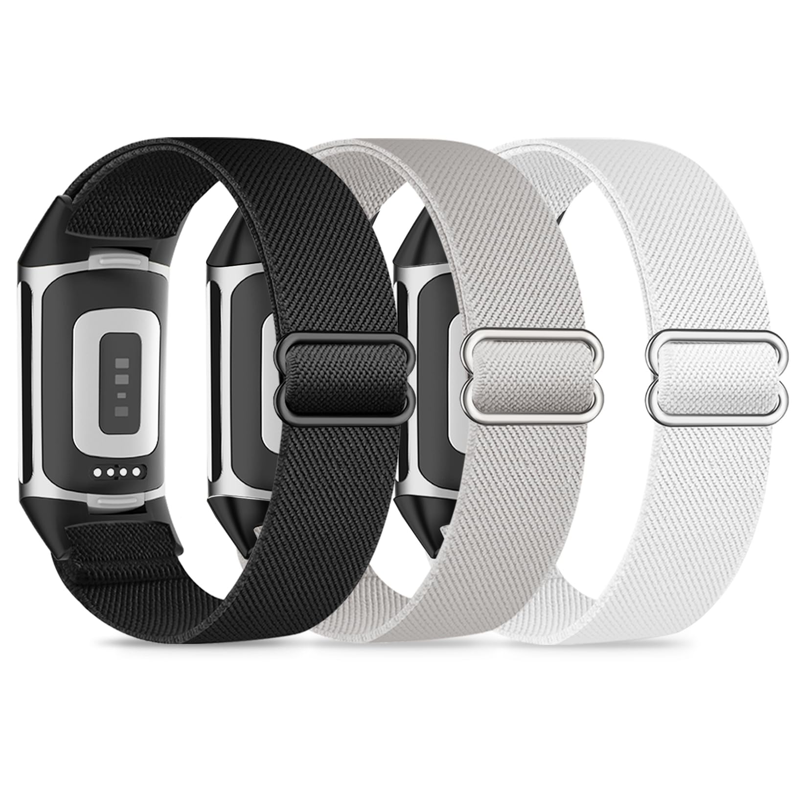 Wizvv Pack of 3 Elastic Wristbands Compatible with Fitbit Charge 5/6, Breathable, Adjustable, Stretchy Nylon Replacement Strap for Men and Women