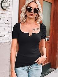 Valphsio Womens Puff Short Sleeve Top Square Neck