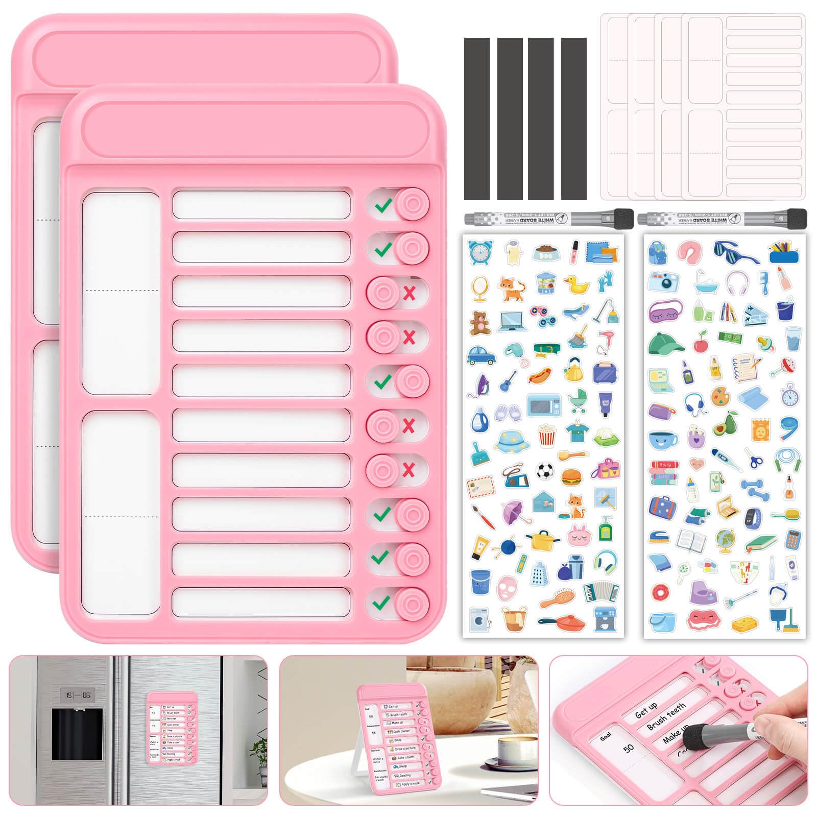 Audab 2Pcs Dry Erase Chore Chart for Kids, Magnetic Checklist Board, My Chores Slider Chart to Do List Board, Routine Reward Chart Schedule Board Task Tracker for Home Refrigerator, Wall, Desk (Pink)