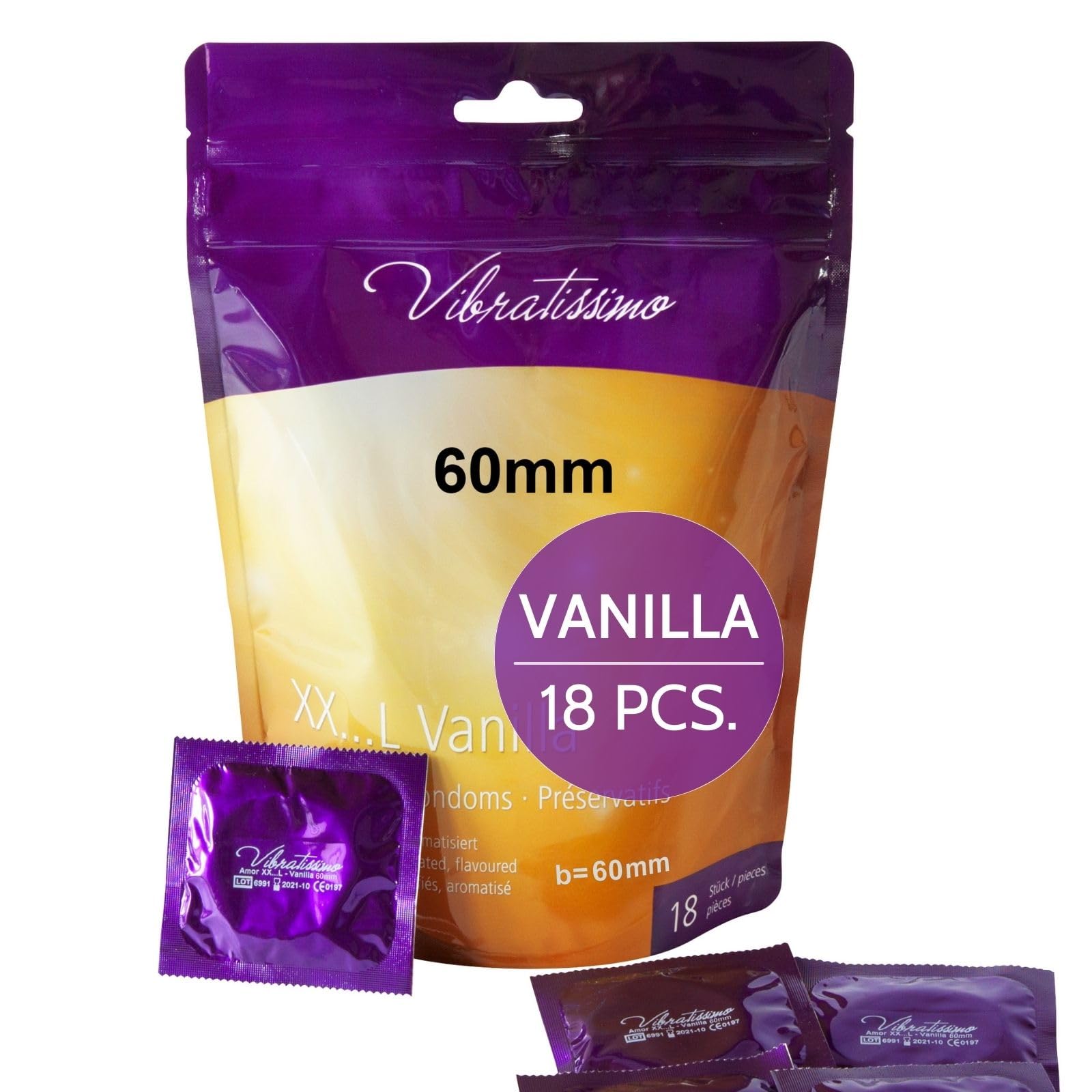 VIBRATISSIMO XXL Vanilla Condoms 18-Pack I Premium with Aroma I Vanilla Flavored with Thin Wall Thickness & Aromatized I Thin Feel I w=60mm
