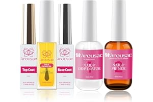 Arousar Nail Prep Dehydrator and Nail Primer 15ml, with Base Gel, No-Wipe Top Coat and Cuticle Nutrient Oil, 5pcs Manicure Art Kit for Strong and Healthy Nails