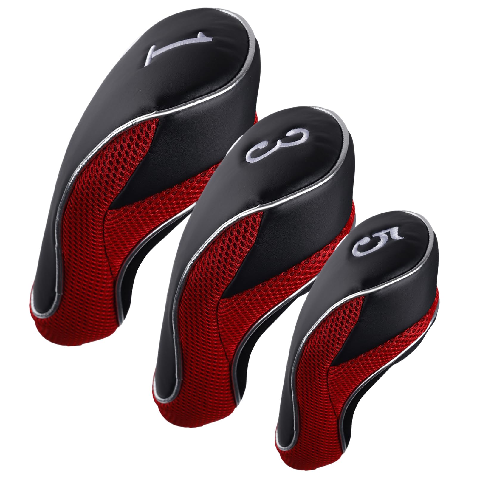 Andux Golf Club 460cc Driver Fairway Wood Head Covers with Hook & Loop Set of 3 (Black/Red)