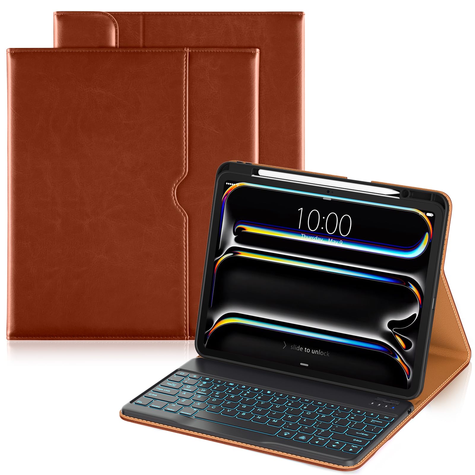 Photo 1 of DTTO for iPad Pro 13 Inch Case 2024 with Keyboard (M4), 7 Colors Backlit Wireless Detachable Keyboard Premium Leather Folio Cover with Pencil Holder & Pocket, Brown