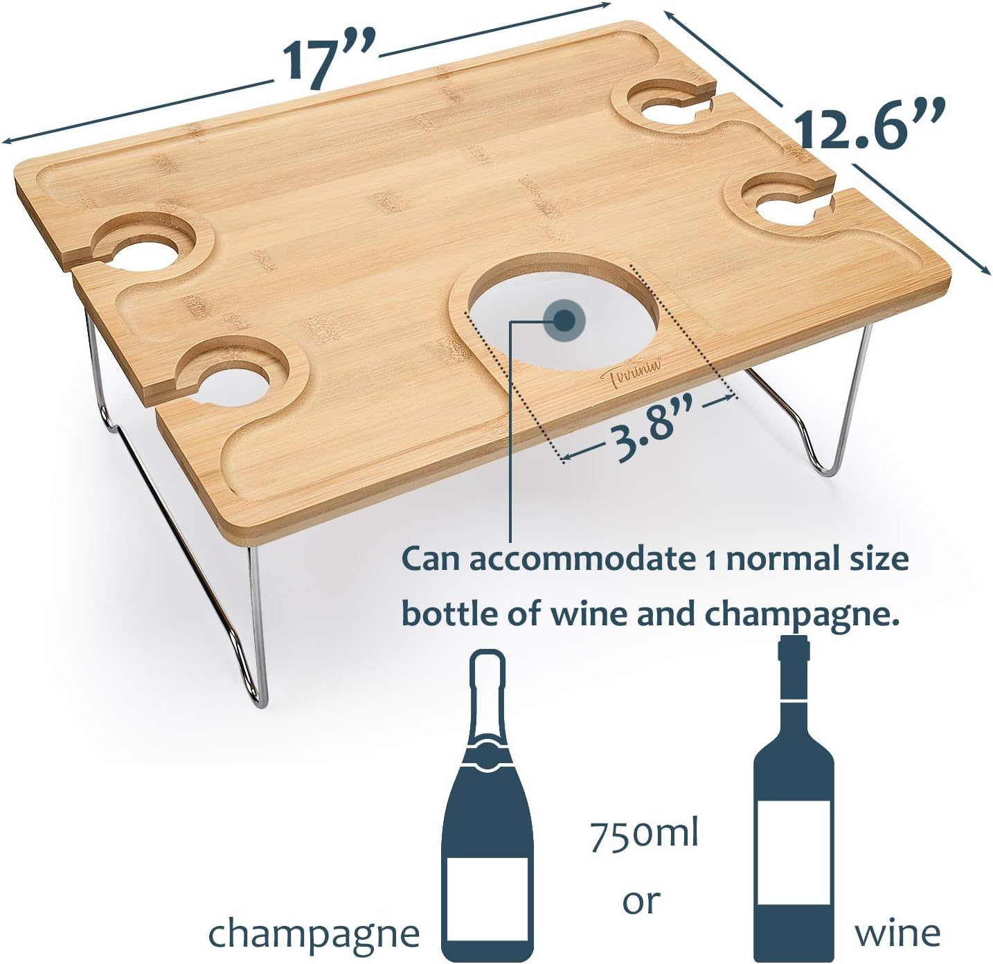 Tirrinia Outdoor Wine Picnic Table, Large Folding Portable Bamboo Snack & Cheese Tray with 4 Wine Glasses Holder for Concerts at Park, Beach, Ideal Wine Lover Gift : Garden & Outdoor