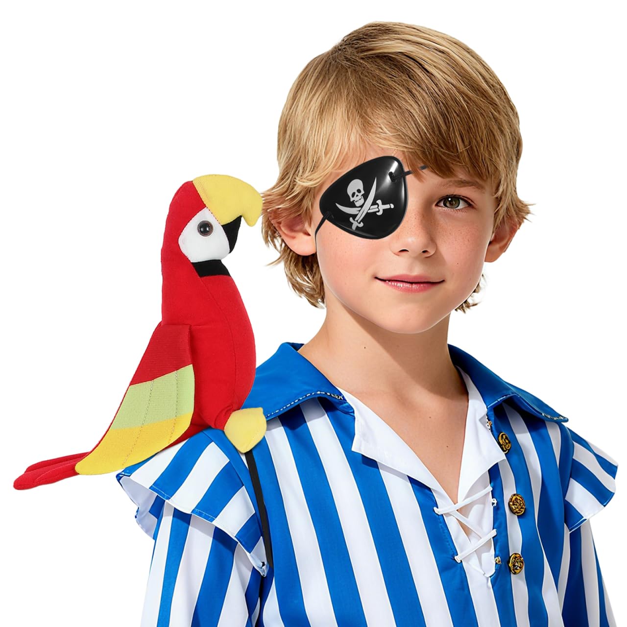 Ciieeo Stuffed Pirate Parrot on Shoulder Prop, 1 Set of Pirate Parrot Props for Halloween Party, Captain Skull Eye Patch for Girls Boys Adult