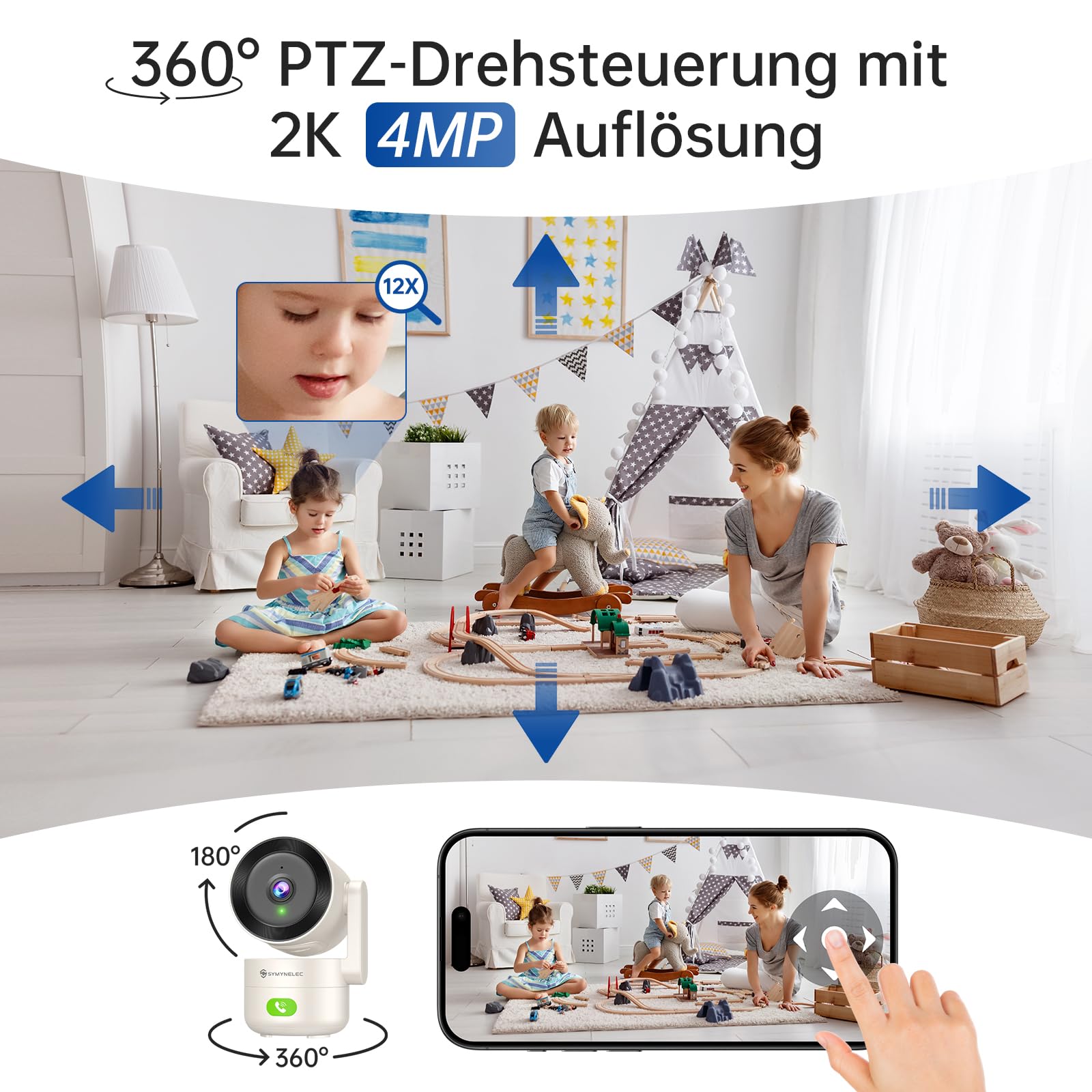 SYMYNELEC 2K Überwachungskamera Innen 360°, 5GHz/2,4GHz WLAN Überwachung mit KI Bewegungserkennung IR Nachtsicht, 4MP IP Security Kamera Indoor für Haustier, Hunde, Babyphone Kompatibel mit Alexa 3