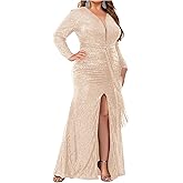 Madam Uniq Women 1920s Long Sleeve Sequin Dress Side Split Plus Size Formal Cocktail Wedding Guest Dresses Maxi Evening Gown