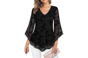 Viracy Womens Dressy Blouse V Neck Double Layers Elastic Mesh Casual Flowy Work Shirts Ruffle 3/4 Flared Sleeve Tunic Tops