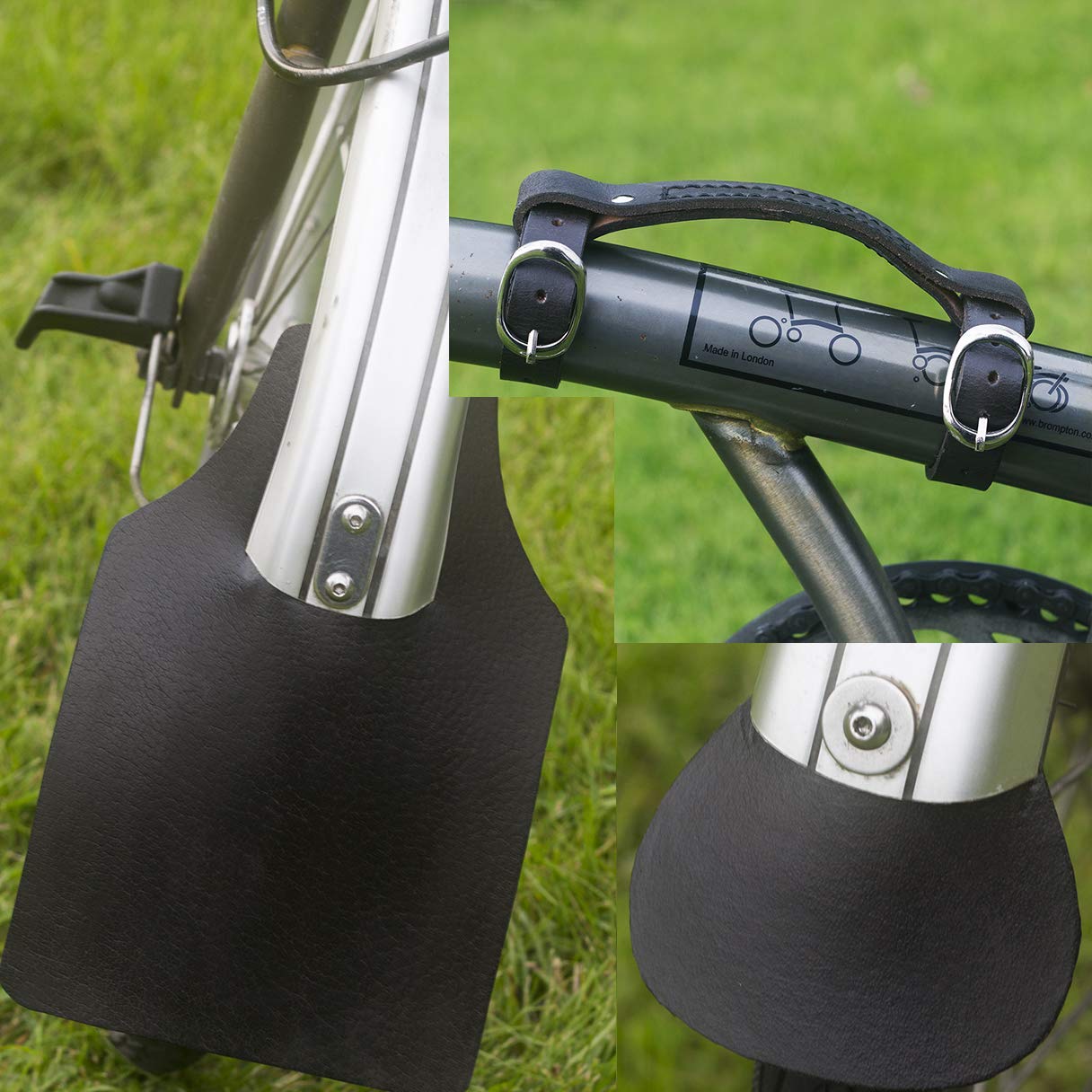 London Craftwork BROMPTON SET: Leather Mudguard Flaps & Mini Carry Handle in BLACK
