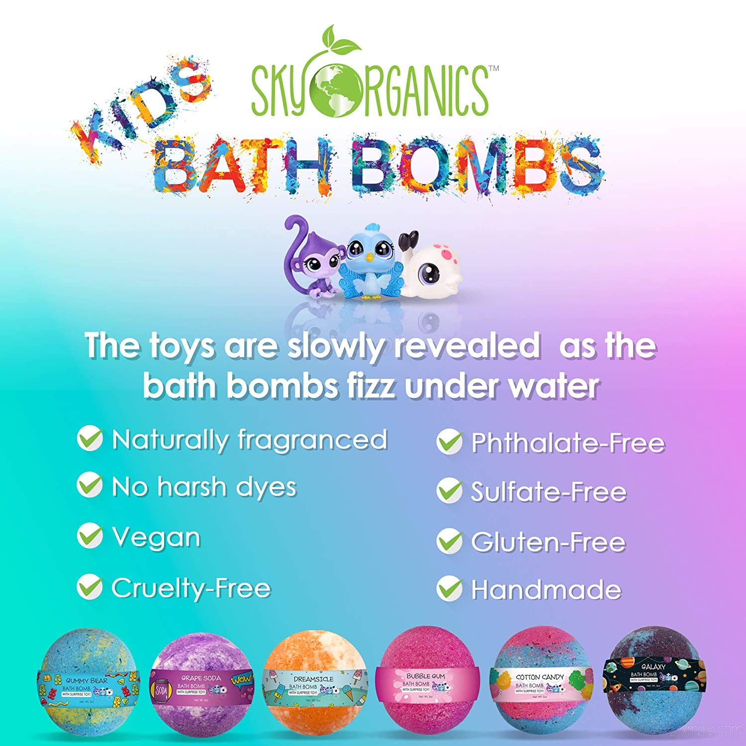 Sky Organics Kids Bath Bombs Gift Set with Surprise Toys Inside Fun Assorted Colored XL Bath Fizzies, Kid Safe Gender Neutral with Natural Essential Oils Handmade in The USA Bubble Bath Fizzy, 6ct : Beauty