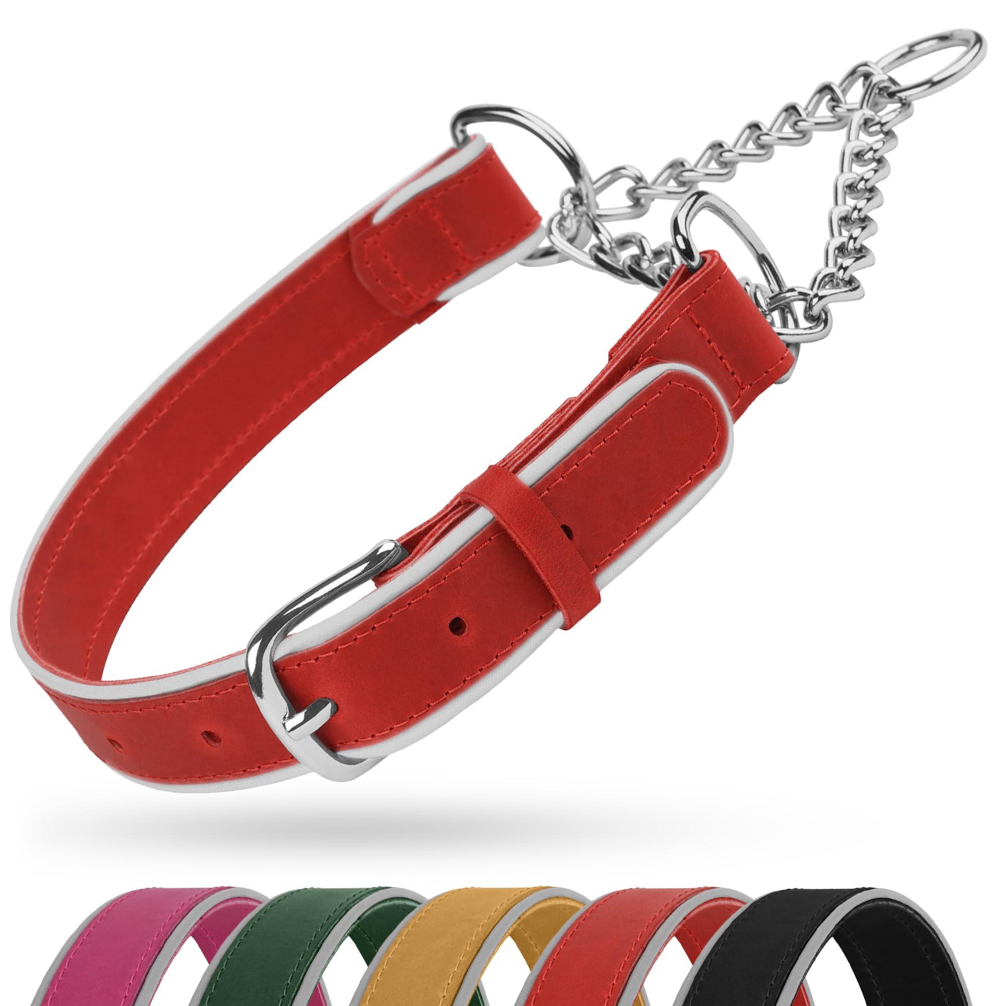 OOPSDOGGY Leather Martingale Dog Collar - Reflective Adjustable No Pull Stainless Steel Chain Training Collars for Small Medium Large Dogs Puppy (Red, Medium, 15"-19") โ image 1