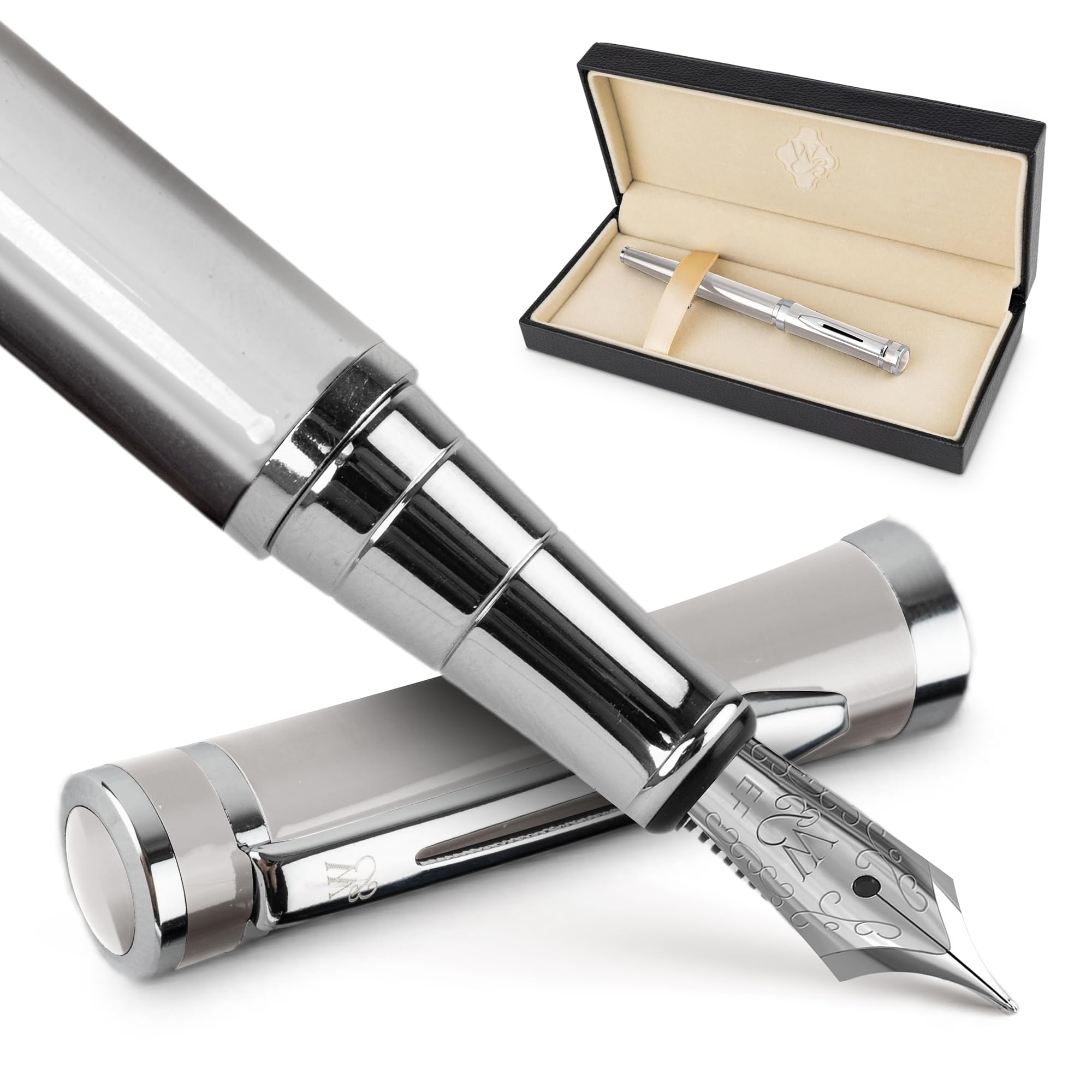 Wordsworth & Black Fountain Pen Set, Extra Fine Nib, Includes 24 Ink Cartridges and Ink Refill Converter Gift Box, Journaling,[Silver Chrome]