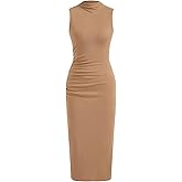 CIDER Bodycon Dresses for Women Mock High Neck Sleeveless Ruched Dresses Summer Cocktail Work Midi Dress Trendy Camel