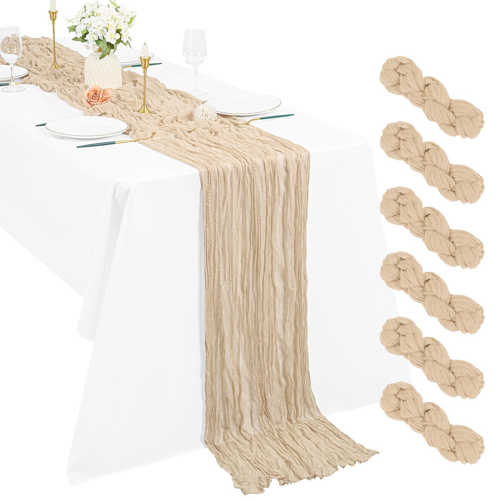Pesonlook 6 Pack Beige Cheesecloth Table Runner, 10Ft Boho Gauze Table Runner 21×120 Inch Rustic Romantic Long Table Runner for Wedding Party Bridal Shower Thanksgiving Christmas Decoration