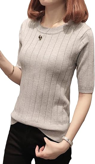 Amazon Mengfan レディース カットソー パーカー 半袖 薄手 夏服 Tシャツ ニット 五分袖 無地 丸首 エレガント トップス ゆったり 着やせ 通勤 フォーマル カジュアル 韓国風 Tシャツ カットソー 通販