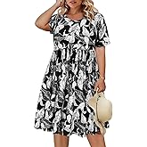 CARCOS Womens Plus Size Dresses Summer Short Sleeve Babydoll Dress Beach Casual Loose Mini Sundresses with Pocket XL-5XL