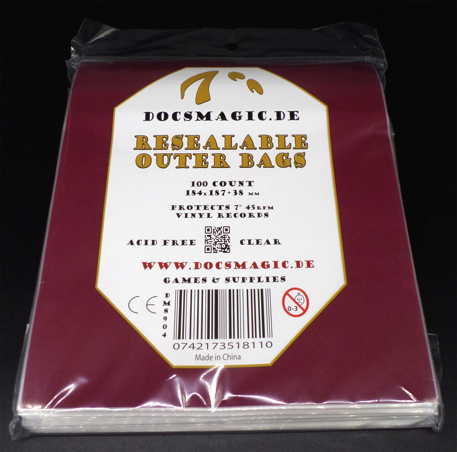 docsmagic.de 100 Resealable Outer Bags for 7" 45rpm Vinyl Records Clear 3 Mil