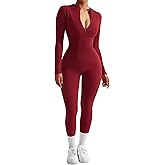 SUUKSESS Women Long Sleeve Ribbed Jumpsuit Zip up Front Workout Bodycon Romper